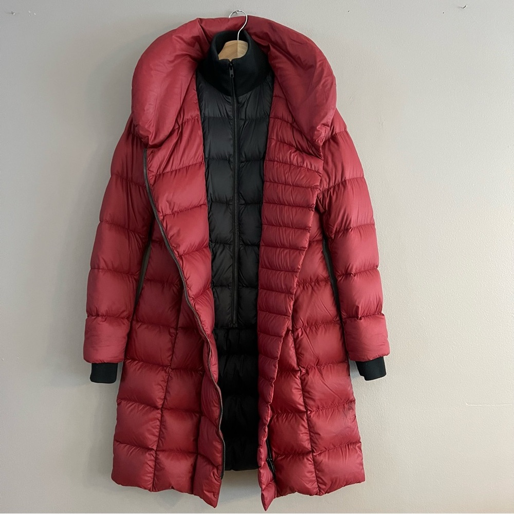SOIA & KYO Women's Burgundy Down Feathers Puffer Coat Asymmetric Slim Sz S